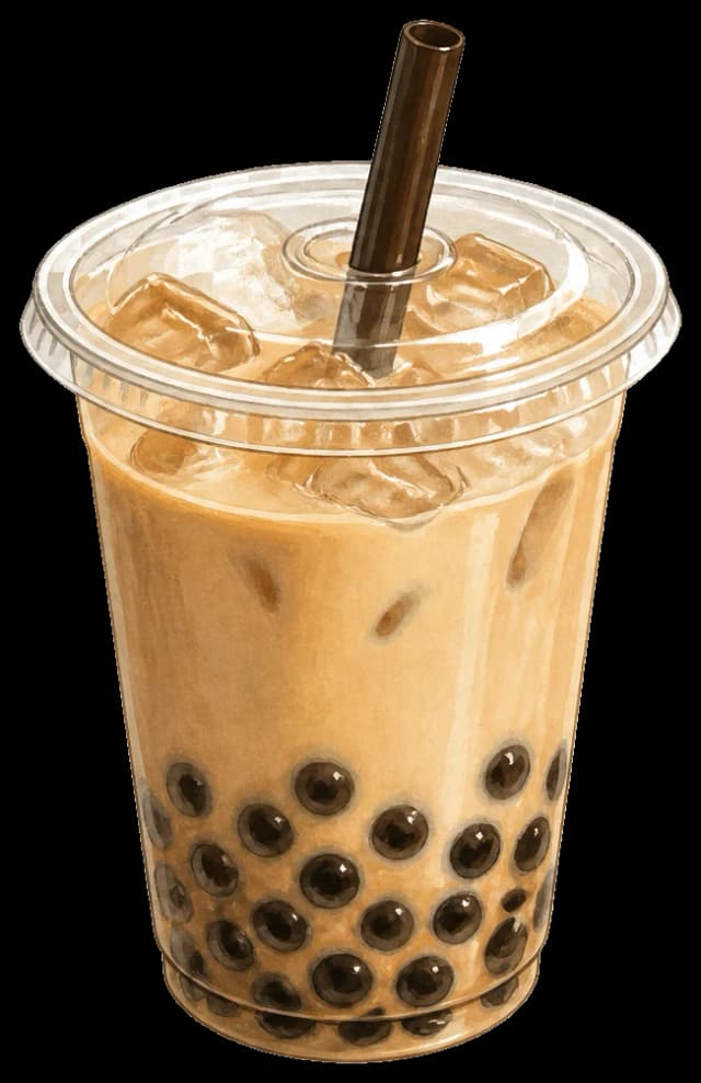 Illustrated cup of classic milk tea with boba pearls